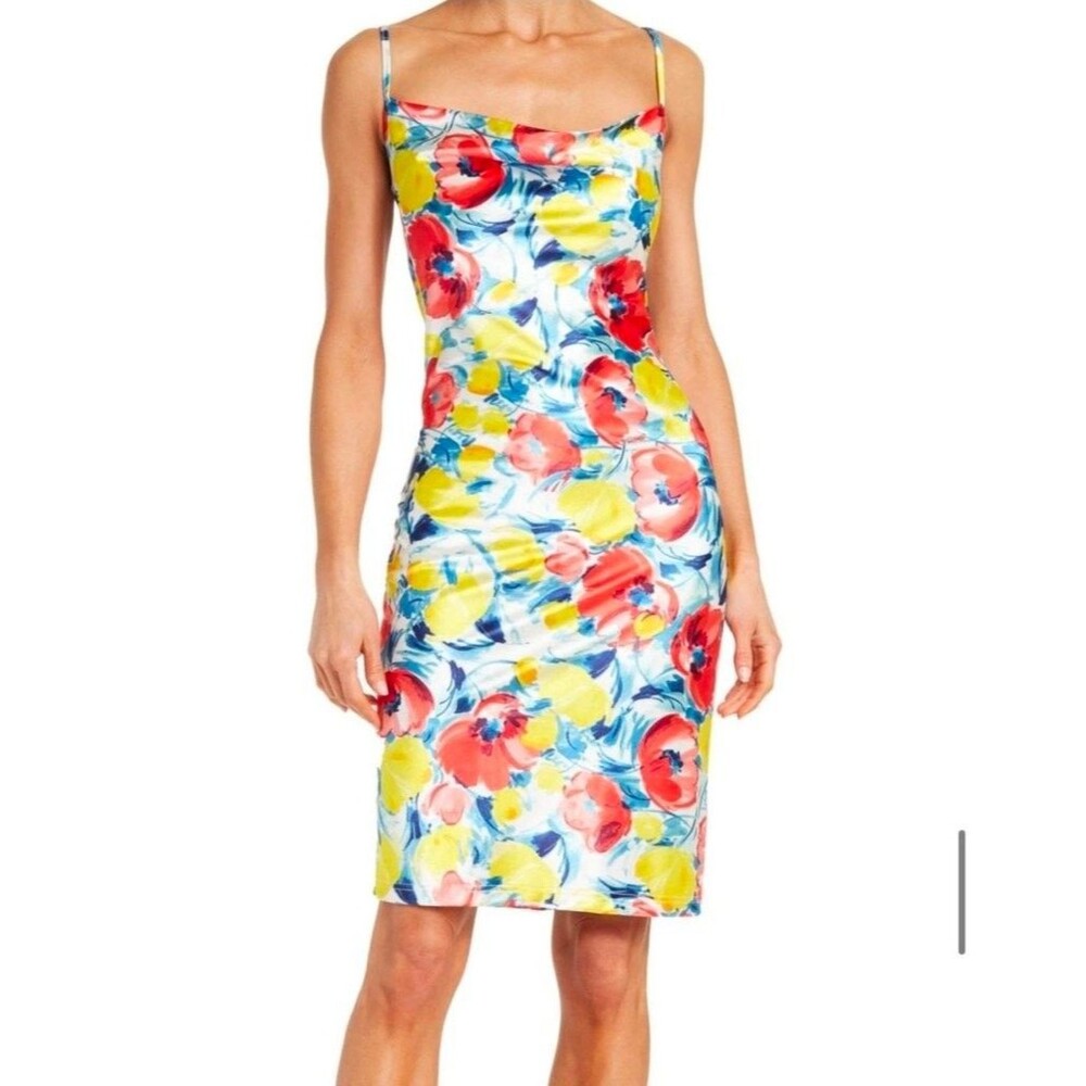Love X Design "Paint Me Flowers" Cowl Neck Satin Slip Dress - Size S